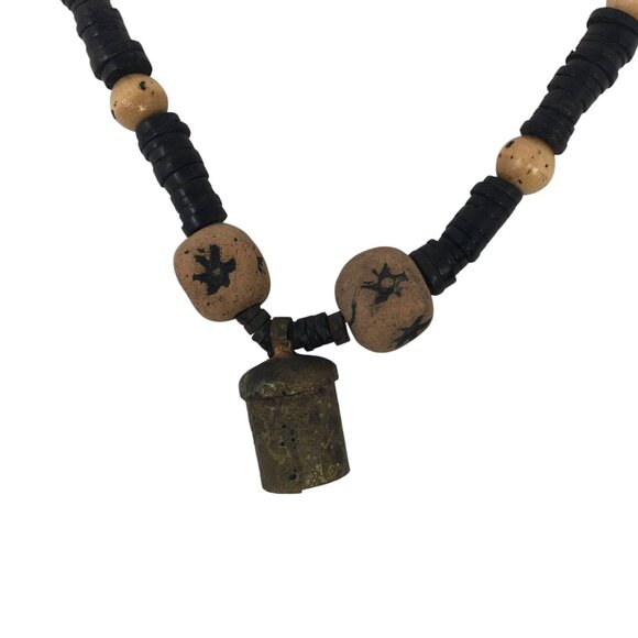 Vintage Dark Light Brown Wood Beaded Necklace Mini Metal Cowbell Bohemian - Picture 1 of 5